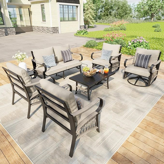 7 Pieces Outdoor Patio Conversation Sets, Outdoor Furniture Set Metal Swivel Rocking Chairs with Side Table, Loveseat Sofa Single Chairs with Coffee Table for Backyard Deck Porch Poolside, Beige