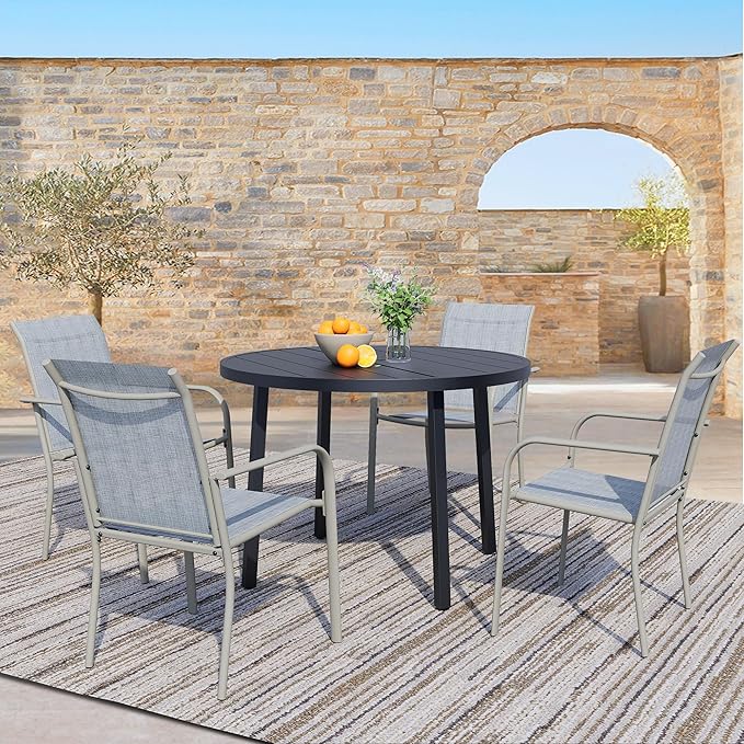 5 Pieces Patio Dining Set for 4, Beige Blue Patio Stackable Chairs and Black Round Table Set of 4, Outdoor Furniture Set with Sling Support for Outside, Garden