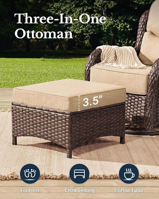 HILLGA Luxury High Back Patio Furniture Set with 6-Inch Thick Cushion, 8-Piece Outdoor Conversation Set with Sofa, Swivel Rocker Chairs & Ottomans, Ideal for Porch Pool Deck Yard (Beige)