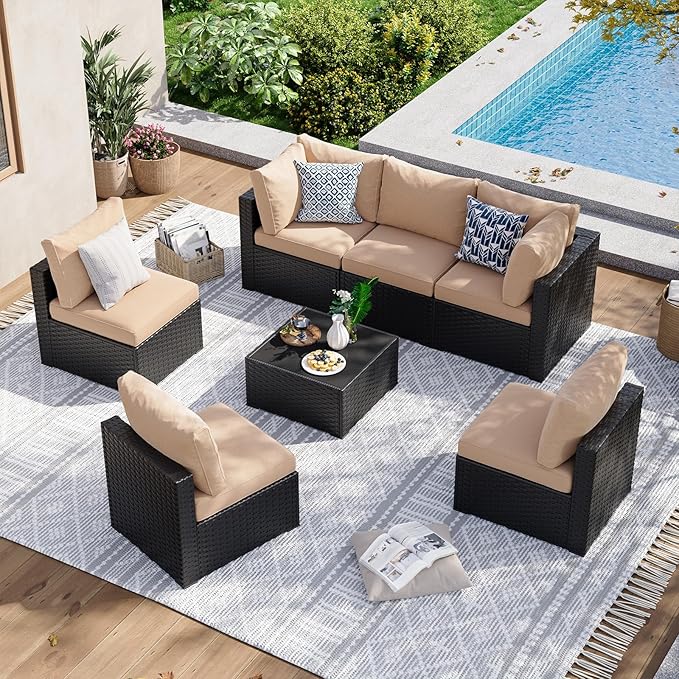Aoxun 7 Piece Patio Furniture Set Rattan Rattan Patio Sectional Sofa Set Outdoor Seating Furniture with Thickened Cushion, Beige