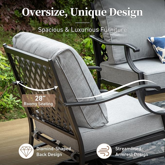 4 Piece Metal Outdoor Patio Furniture Sets with 5000 BTU Firepit Table, Patio Conversation Sets 1 3-seater Sofa, 2 Swivel Chair with 5.75" Thick Cushion, Black Backyard Furniture, Gray