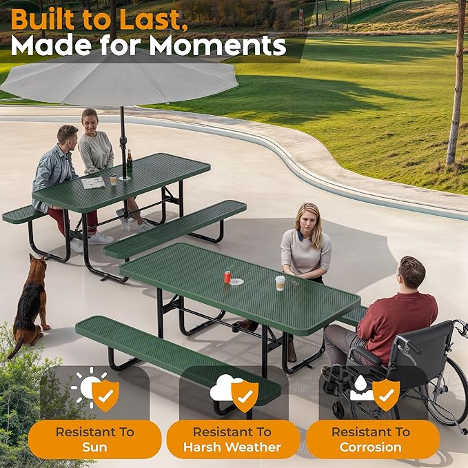 OUTTANS Commercial Heavy-Duty Metal Picnic Table - ADA Compliant, Adjustable Seats, Umbrella Hole (Green, 6' Rectangular, Punched Steel)