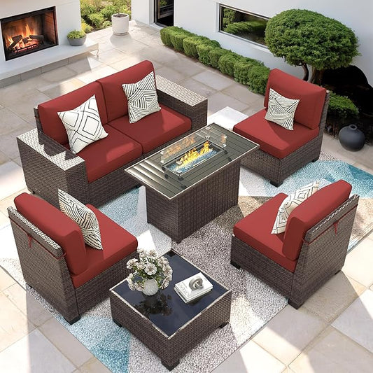 7 Piece Patio Furniture Set with Fire Pit Table, Outdoor Conversation Sets Wicker Rattan Sectional Sofa with Coffee Table, 4'' Thickened Cushion Wine Red (Include Waterproof Cover)