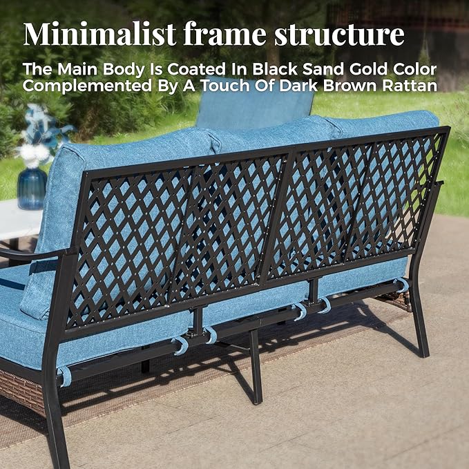 Patio Furniture Set with Firepit Table, Black Frame Outdoor Conversation Set with 2 x Fixed Chairs, 2 x Swivel Chairs, 1 x 3-Seat Sofa for Lawn Garden Backyard, Navy Blue