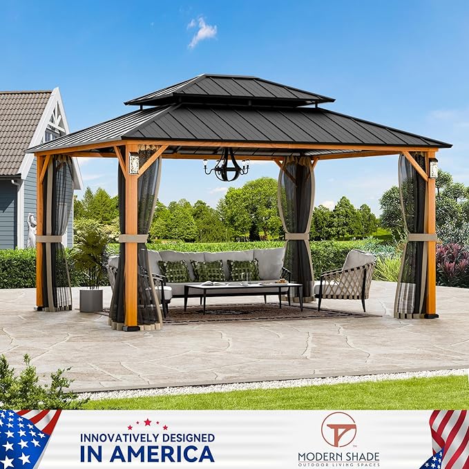 Modern Shade The Horizon Hardtop Gazebo 12' x 14' with 4 LED Lights, Permanent Outdoor Gazebo with Galvanized Steel Double Roof, Grill Pavilion with Decor Hooks, Mosquito Nettings, Wood Grain