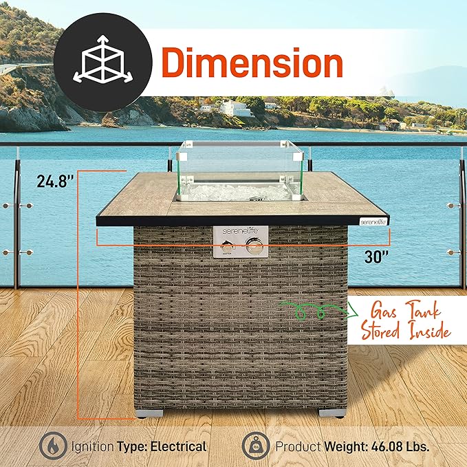 SereneLife 30” Outdoor Gas Fire Pit Table, 50,000 BTU Square Propane Firepit with Tile Top, Glass Rocks, Wind Guard, Weather-Resistant Wicker Base, Stainless Steel Burner, CSA Certified