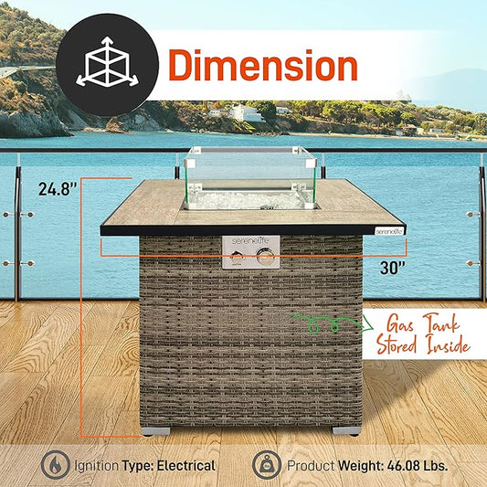 SereneLife 30” Outdoor Gas Fire Pit Table, 50,000 BTU Square Propane Firepit with Tile Top, Glass Rocks, Wind Guard, Weather-Resistant Wicker Base, Stainless Steel Burner, CSA Certified