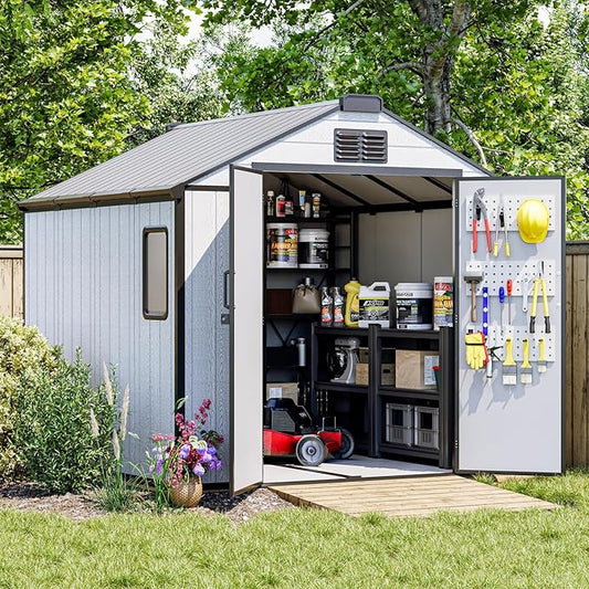 8 x 8 FT Resin Outdoor Storage Shed, All-Weather Plastic Garden Shed with Floor, Lockable Doors & Windows, Plastic Tool Shed for Poolside, Backyard, Patio