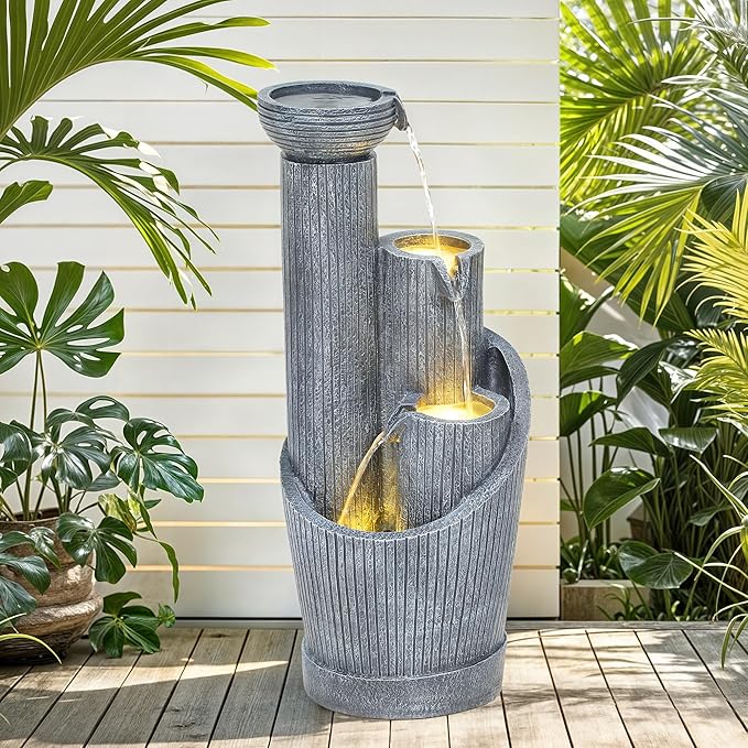 Autodaya 31" Modern Outdoor Water Fountain with LED Lights, 5-Tier Twist Pedestal Bowl Garden Fountain, Cascading Waterfall for Relaxing Garden, Patio, Backyard, Deck, Porch or Home Decor