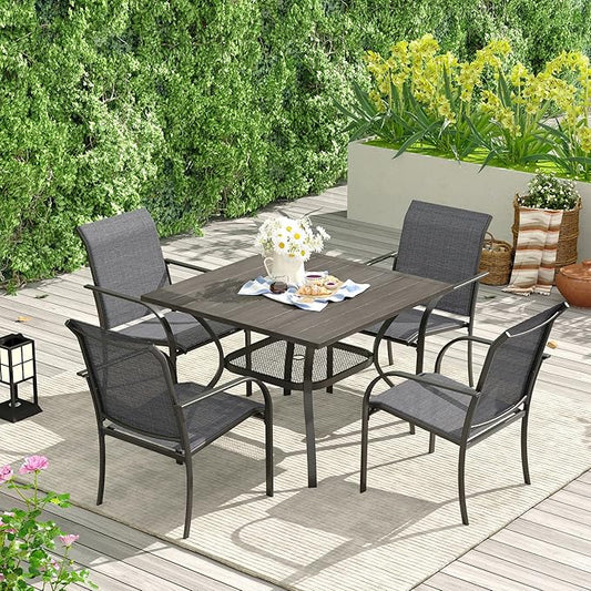 VICLLAX Patio Dining Table for 4 Square Metal Outdoor Table with Umbrella Hole and Storage Shelf for Garden Lawn Balcony Deck, Grey