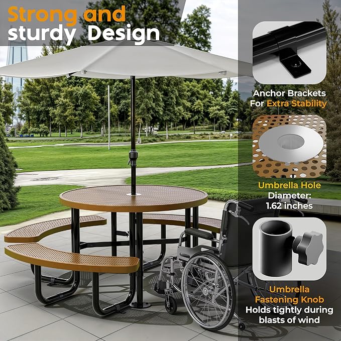 OUTTANS Metal Picnic Tables for Outdoors with Umbrella Hole - Coated Steel Heavy Duty Commercial Grade Furniture Set with Adjustable Seats (Brown, 46 in, Round, Punched Steel)