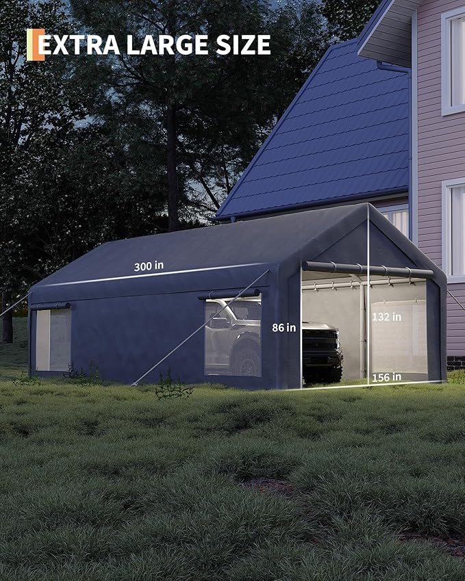 13x25 Ft Carport, Heavy Duty Portable Garage with Roll-Up Doors & 4 Windows,200g PE Tarp Waterproof & UV Protected,All-Weather Design,for Car, Boat, Truck, Motorcycle, ATVs, and SUV