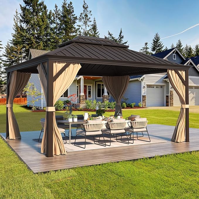 EROMMY 10' X 12' Permanent Hardtop Gazebo Aluminum Gazebos with Galvanized Steel Double Roof for Patio Lawn and Garden, Curtains and Netting Included, Dark Bronze