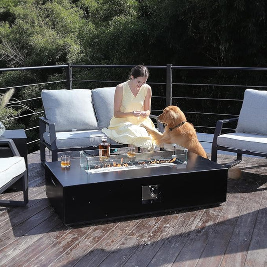 56 Inch Propane Fire Pit Table, Outdoor Rectangle Fire Table w Tank Table (50,000 BTU), 3 Piece Gas Fire Pit in Black w Glass Wind Guard and White Fire Glass for Deck, Garden, Backyard