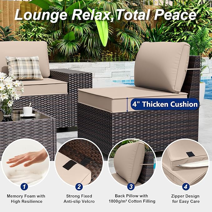 Outdoor Patio Furniture Set, 6 Pieces Outdoor Sectional Furniture High Backrest Patio Sofa, All-Weather PE Rattan Patio Conversation Set with Coffee Table & Cushions-Sand.