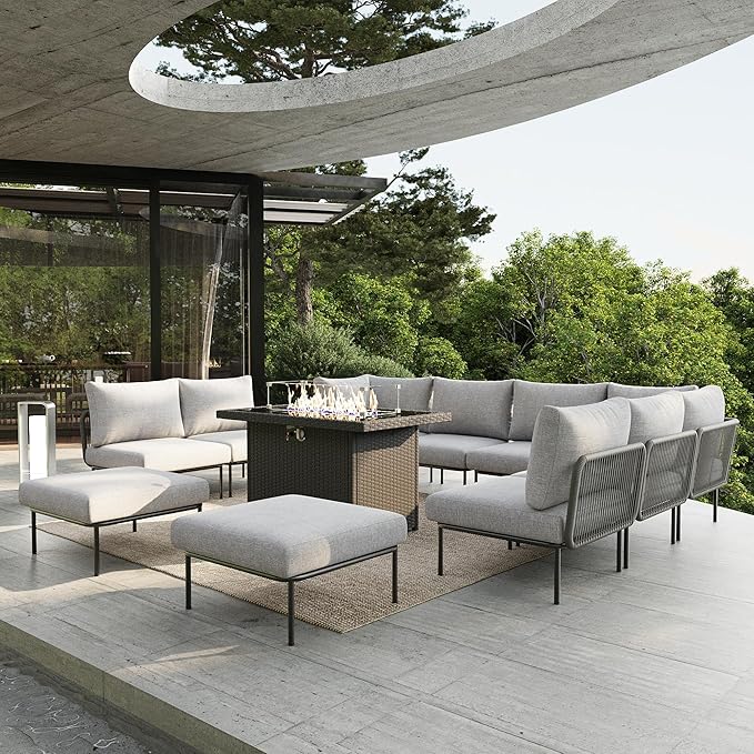 11 Piece Modern Outdoor Rope Wicker Sectional Patio L-Shaped Conversation Sofa Set Deep Seating with Fire Pit Table