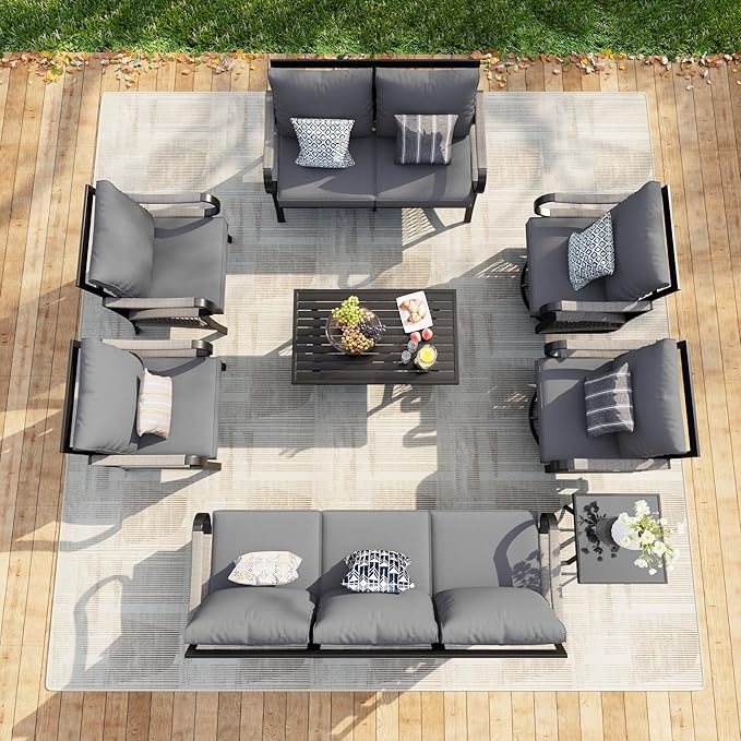 8 Pieces Patio Conversation Sets, All Weather Metal Outdoor Furniture Set Includes 3-Seater 2 Swivel Rockers with Side Table and Loveseat with Coffee Table 2 Single Chairs for Backyard Poolside, Gray