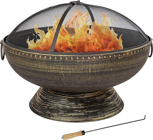 Sunnydaze 30-Inch Large Outdoor Fire Pit - Wood Burning Fire Pit for Outside with Poker and Screen - Black Finish - Regal Cauldron