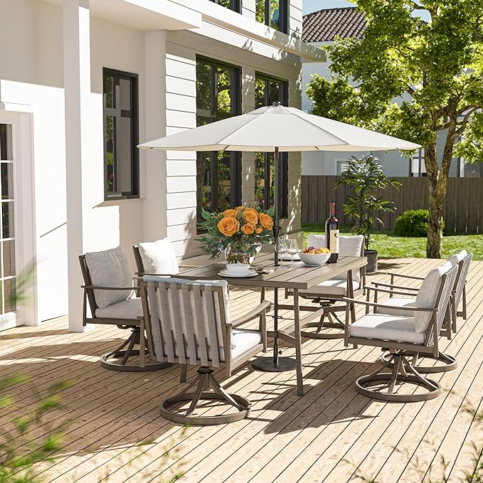 HAPPATIO 7-Piece Outdoor Dining Set for 6, Aluminum Patio Dining Set Includes 6 Swivel Dining Chairs and 1 Large Rectangular Table with Umbrella Hole, Patio Furniture Set for Lawn, Porch, Grey