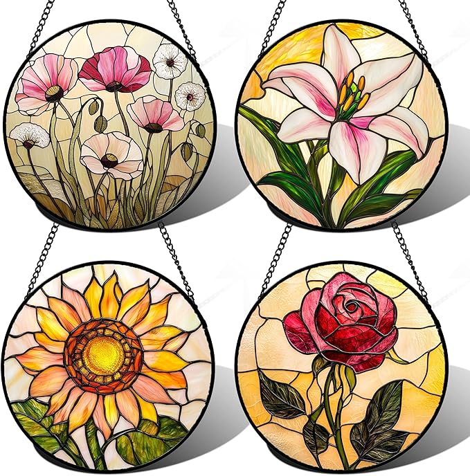 AMDERVEN Stained Glass Window Hanging 4 Pcs Set Lily Rose Sunflower Poppy 7.8" - Flower Suncatcher Door Garden Sun Catcher Decor Birthday Mother's Day for Wife Woman Nana Girl
