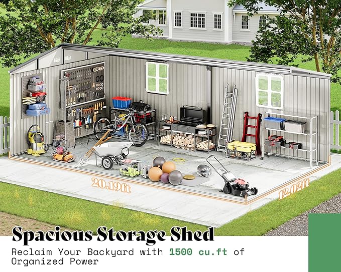 AMERLIFE 12x20x7.2 FT Outdoor Storage Shed with 2 Transparent Panels, Metal Garden Shed with Hinged Double Doors, Windows & Vents, Reinforced Steel Frame for Backyard Garden, DIY Workshop, Dark Gray