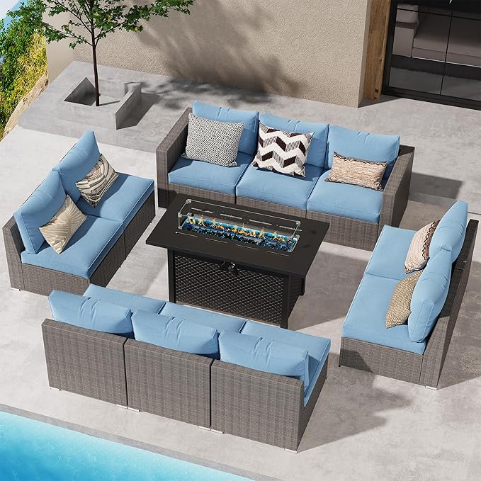 Wisteria Lane Patio Furniture Set for, 11 Pieces Wicker Outdoor Furniture Set with Washable Cushions & Fire Pit Table, Oversized Outdoor Sectional for Garden, Poolside, Backyard, Blue