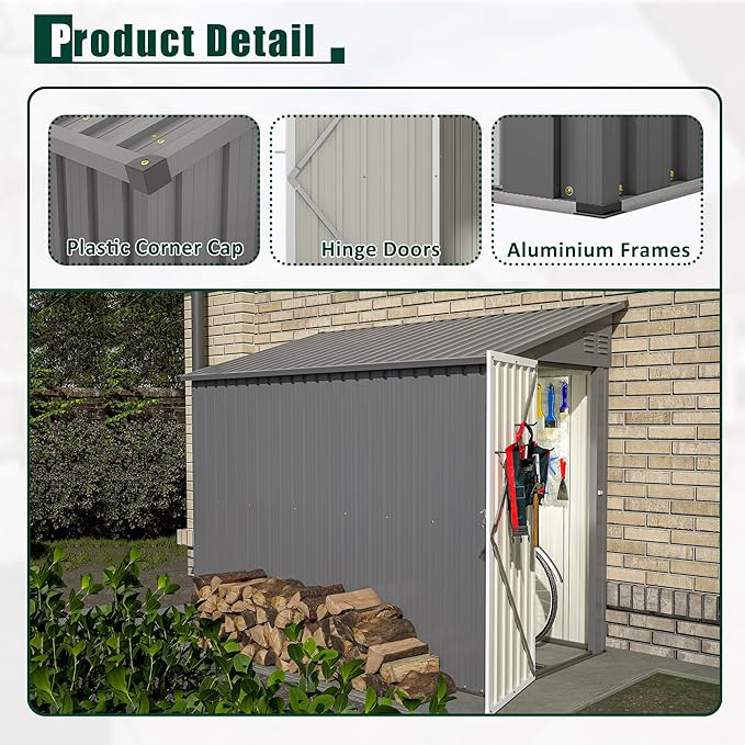 8x4 FT Outdoor Storage Shed, Metal Shed with Lockable Door, Sloping Roof, All-Weather Lean to Resin Shed for Garden, Backyard, Patio, Lawn (Gray)