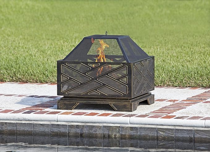 Fire Sense 62239 Fire Pit Catalano Wood Burning Lightweight Portable Outdoor Firepit Backyard Fireplace for Camping Bonfire Included Screen Lift Tool & Cooking Grate - Square - Antique Bronze Finish
