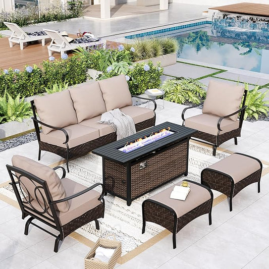 GREEN PARTY Extra Large Outdoor Patio Furniture Set with 56" Fire Pit Table 6 Pieces for 7, Modern Metal Patio Conversation Sets with High Back 3-Seat Sofa, 2 Motion Chairs, 2 Ottoman, 1 Pit Table
