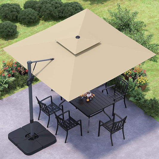 GREEN PARTY 10x10 ft Cantilever Patio Umbrella with Base Included, Outdoor Offset Umbrellas with 360° Rotation, 5-Year-Non-Fading Hanging Pool Umbrella for Garden Deck Poolside - Beige