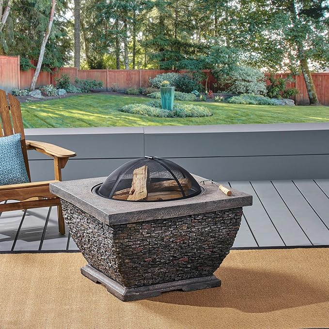 32 Inch Outdoor Fire Pit, Wood Burning Fire Pit for Patio with Spark Screen, Fire Poker, MGO Light-Weight Concrete Square Firepit for Camping, Backyard, Bonfire Party, Gray