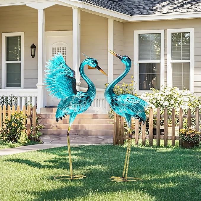 Ultym 36.75in Metal Heron Garden Statue Handmade Oversize Crane Sculptures with Stable Ground Stakes, Backyard Decoration, Metal Garden Art