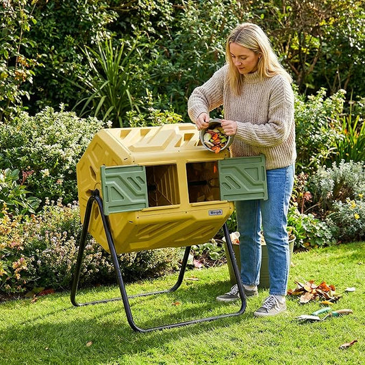 Werph Updated 43 Gallon Dual-Chamber Compost Bin, Fast Assembly Outdoor Compost Tumbler, Rotating Batch Composter Bin with Gloves for Garden, Kitchen, and Yard