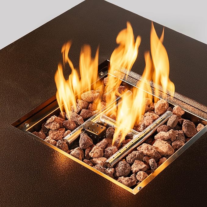 Propane Fire Pit Table, 28" Firepits for Outside, Gas Fire Pit for Outside Patio, Propane Fire Table with Steel Lid, Rocks for Deck, Backyard, 50000BTU, Tank Inside, Tank Not Included, Brown