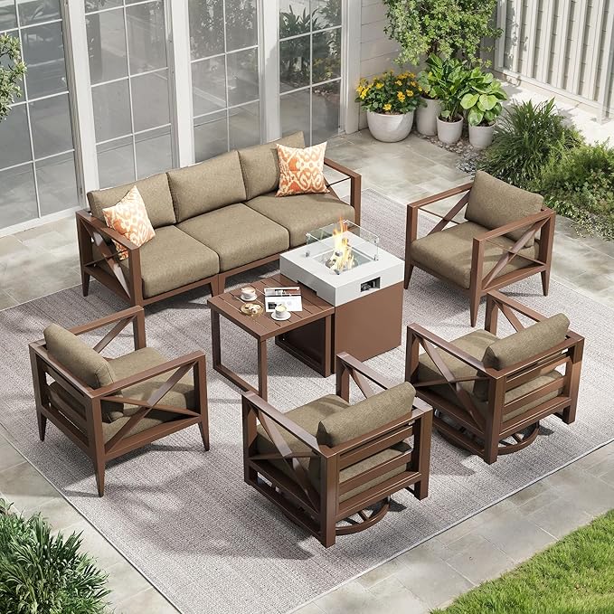 Aluminum Patio Furniture Set with Fire Pit Table,7-Seats Patio Sectional Conversation Sofa with 6" All-Weather Cushions and 2 Swivel Rocking Chairs,Outdoor Furniture Set(Brown)