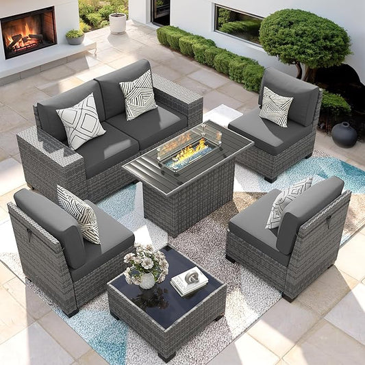 7 Piece Patio Furniture Set with Fire Pit Table, Outdoor Conversation Sets Wicker Rattan Sectional Sofa with Coffee Table, 4'' Thickened Cushion Dark Grey (Include Waterproof Cover)