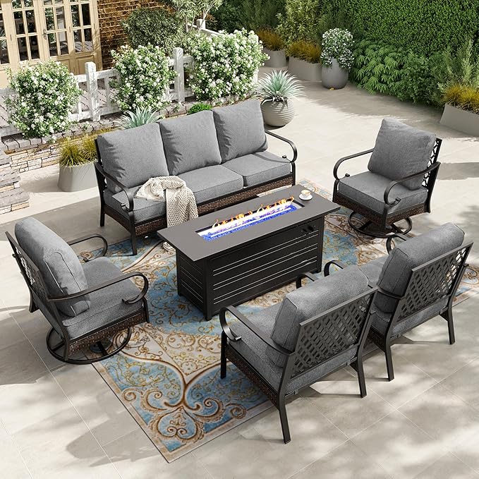HERA'S HOUSE 6 Piece Metal Patio Furniture Set with 56" Fire Pit Table, All Weather Outdoor Conversation Set, 3 Seat Sofa, 2 Swivel Chairs, 2 Fixed Chairs, Seats 7 for Backyard, Garden, Deck, Grey