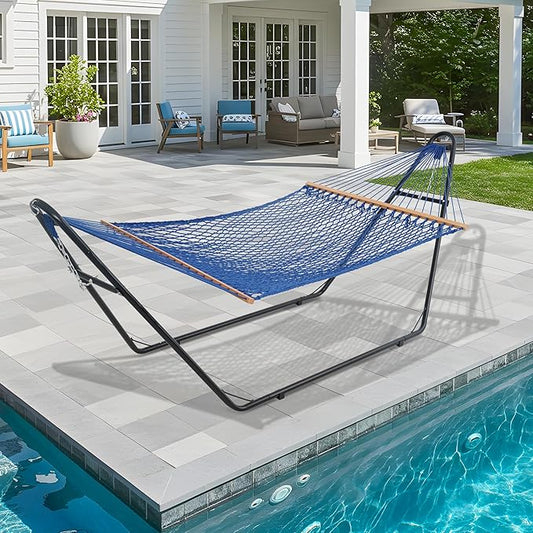 Lazy Daze Hammocks 12FT Double Rope Hammocks, 2 Person Hand Woven Cotton Hammock with Spreader Bar for Outside, Patio, Poolside, FIT 13-15 Foot Stand, Max 450 Lbs, Blue, 141 x 57 inches