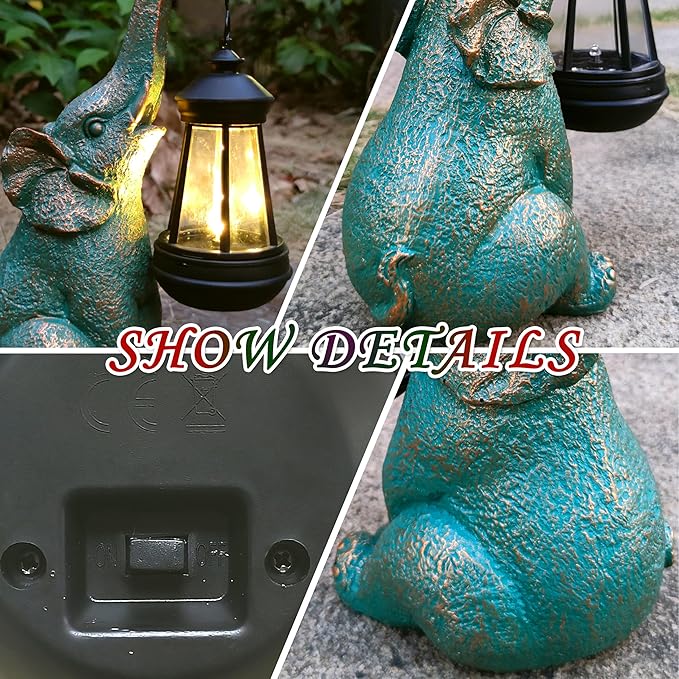 RCTTICUU Elephant Garden Statue Outdoor Décor with Solar Lights Lantern,Elephant Solar Light Figurines Outside Decorations for Yard，Lawn Patio, Balcony, Unique Housewarming Gifts
