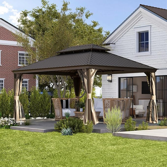 Domi 10x14 FT Outdoor Gazebo, Hardtop Gazebo with Galvanized Steel Double Roof, Metal Gazebos with Drainage System Patio Pergola for Patio Deck Backyard,Curtain and Netting, Brown