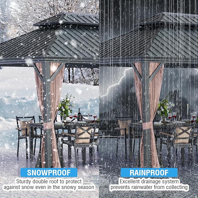 LeDoasis Blazar Hardtop Gazebo 12' X 16' with Nettings and Curtains, Outdoor Canopy for Patio Lawn and Garden, Vertical Stripes Galvanized Steel Double Roof Canopy