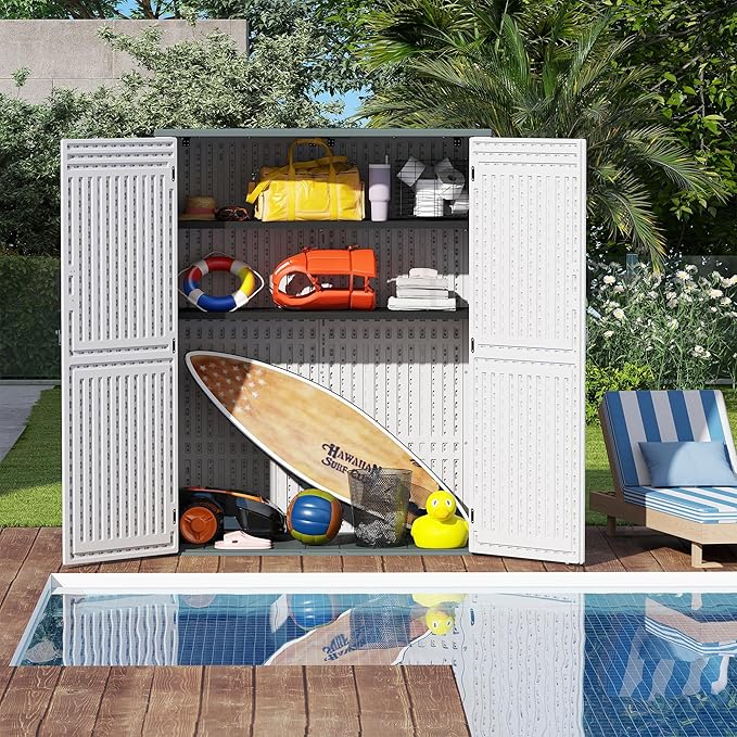 Vertical Resin Storage Shed with 2 Shelves, 60 Cuft Garden Tool Sheds & Outdoor Storage, Plastic Outdoor Storage Cabinet Waterproof, 4.5 x 2.3 ft Backyard Outside Lawn Mower Storage Shed, White