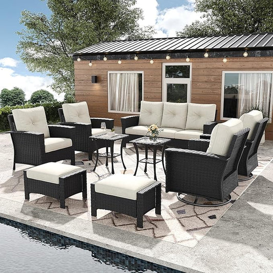 9 Pieces Outdoor Patio Furniture Set, Wicker Patio Sectional Set Conversation Wicker Swivel Chairs with Small Side Table