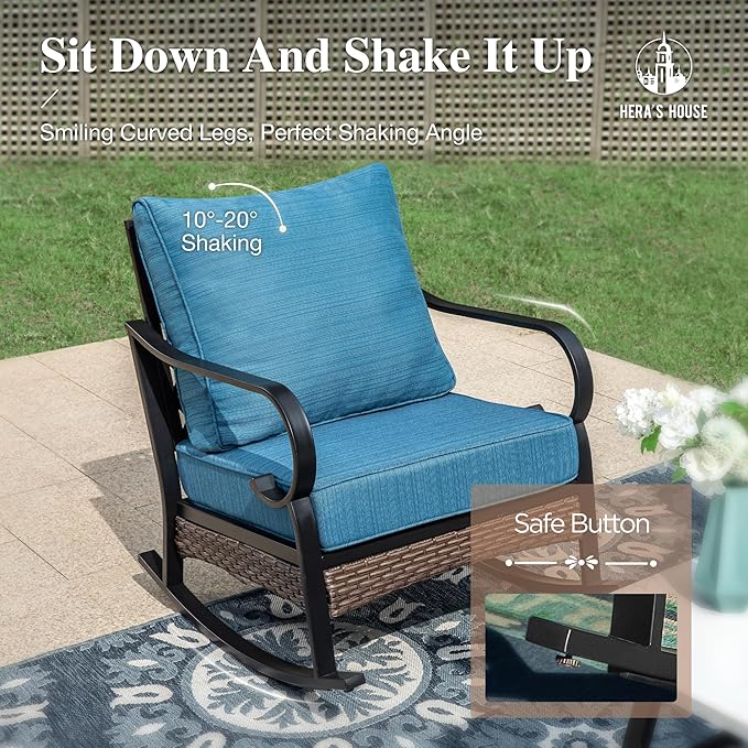 HERA'S HOUSE 6 Piece Metal Patio Furniture Set with 56" Fire Pit Table, All Weather Outdoor Conversation Set 7 Seats, 3 Seat Sofa, 2 Rocking Chair, 2 Fixed Chair for Backyard Garden Deck, Pacific Blue
