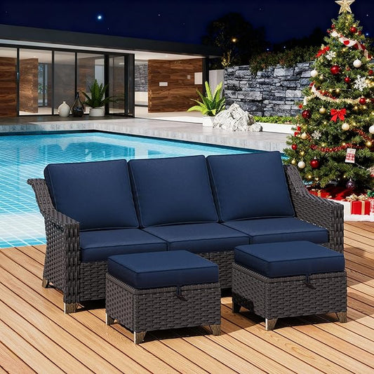 3 Pieces Outdoor Conversation Furniture Set - 77" Patio Sofa, 2 Rattan Wicker Ottomans, Patio Wicker Couch Set with Water-Resistant for Sunroom, Deck, Porch (Navy Blue)