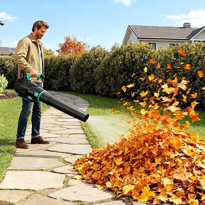 Leaf Blower Cordless - 20V Electric Leaf Blower 350CFM & 2 Speed Modes with Charger, 1 * 4.0Ah Lightweight Battery Powered, Leaf Blowers for Lawn Care, Blowing Leaves, Patio, Dust (Black & Turq 1)