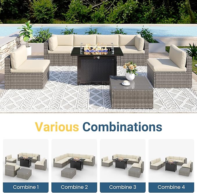 8 Pieces Outdoor Patio Furniture Set with 43" Fire Pit Table, Wicker Outdoor Patio Sectional Sofas with Cushions and Coffee Table, All-Weather Patio Conversation Set for Garden Backyard, Beige