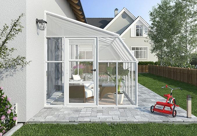 Palram Canopia Rion Sun Room 8 Ft. x 8 Ft. Solarium, Lean-to Greenhouse DIY Kit, Attach to House, Large Twin Wall Polycarbonate, 100% UV Protection for Porch, Patio Outdoors with Window Vent (White)