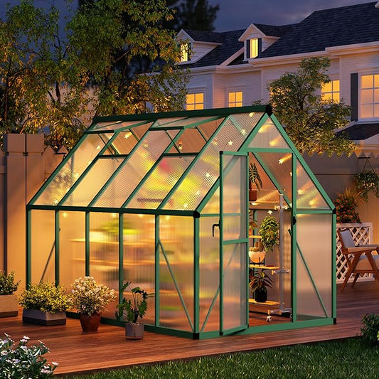 CABIHOME 6x9 FT Outdoor Greenhouse, Polycarbonate Greenhouse with Roof Vent and Ground Nails, Aluminum Large Walk-in Green House w/Lockable Push Door for Outside Garden Backyard (Green, 6x9 FT)