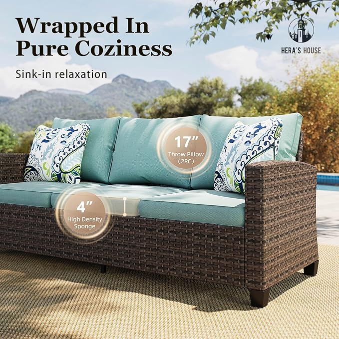HERA'S HOUSE Wicker Patio Furniture Set, Outdoor Sectional Conversation Sets, 6 Pieces 9 Seats Waterproof Deck Backyard Lawn Furniture, Blue
